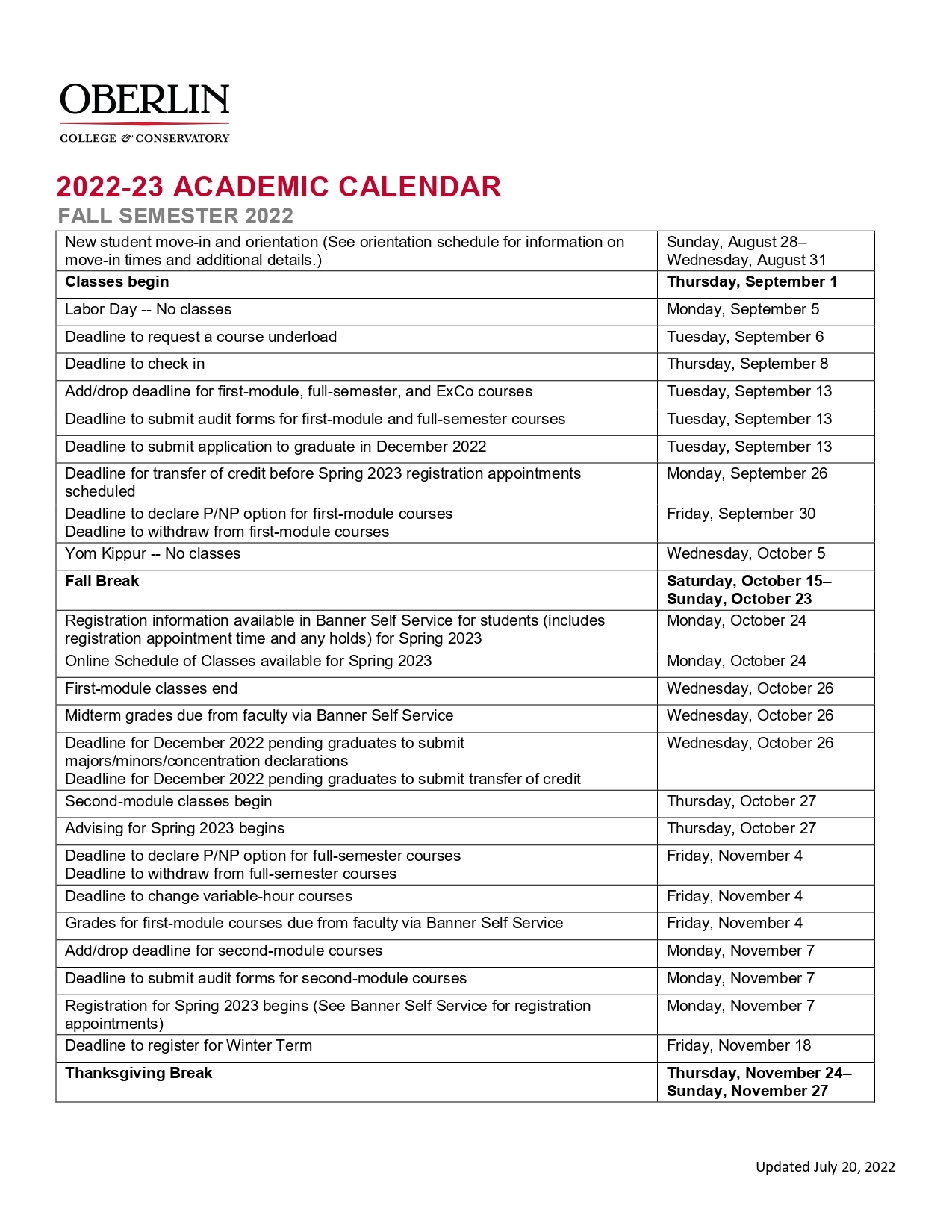 Oberlin Academic Calendar 202122 Updated Oberlin College Academic